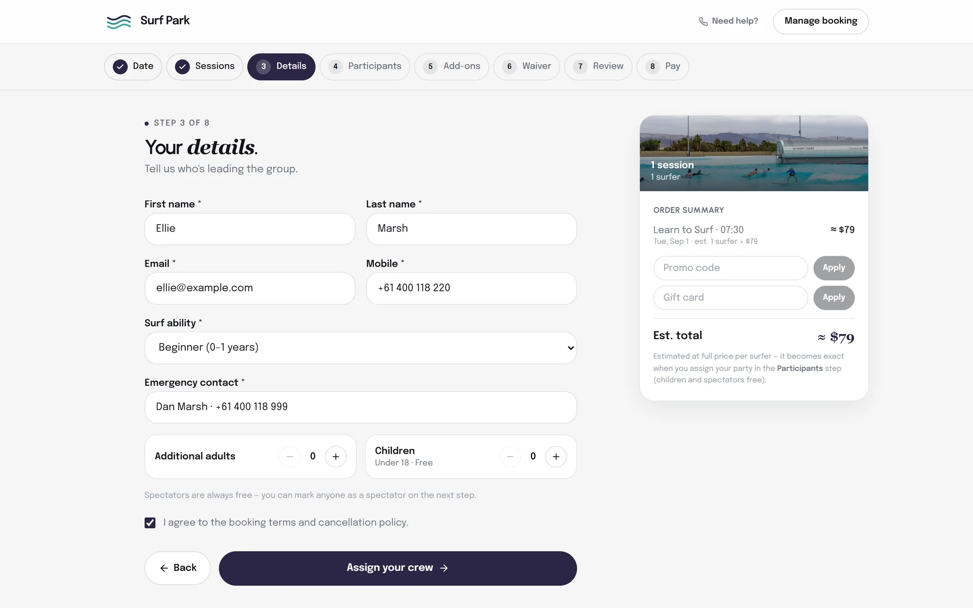 Wave pool session booking in Catalyst Surf — adding your party, boards and add-ons with live availability