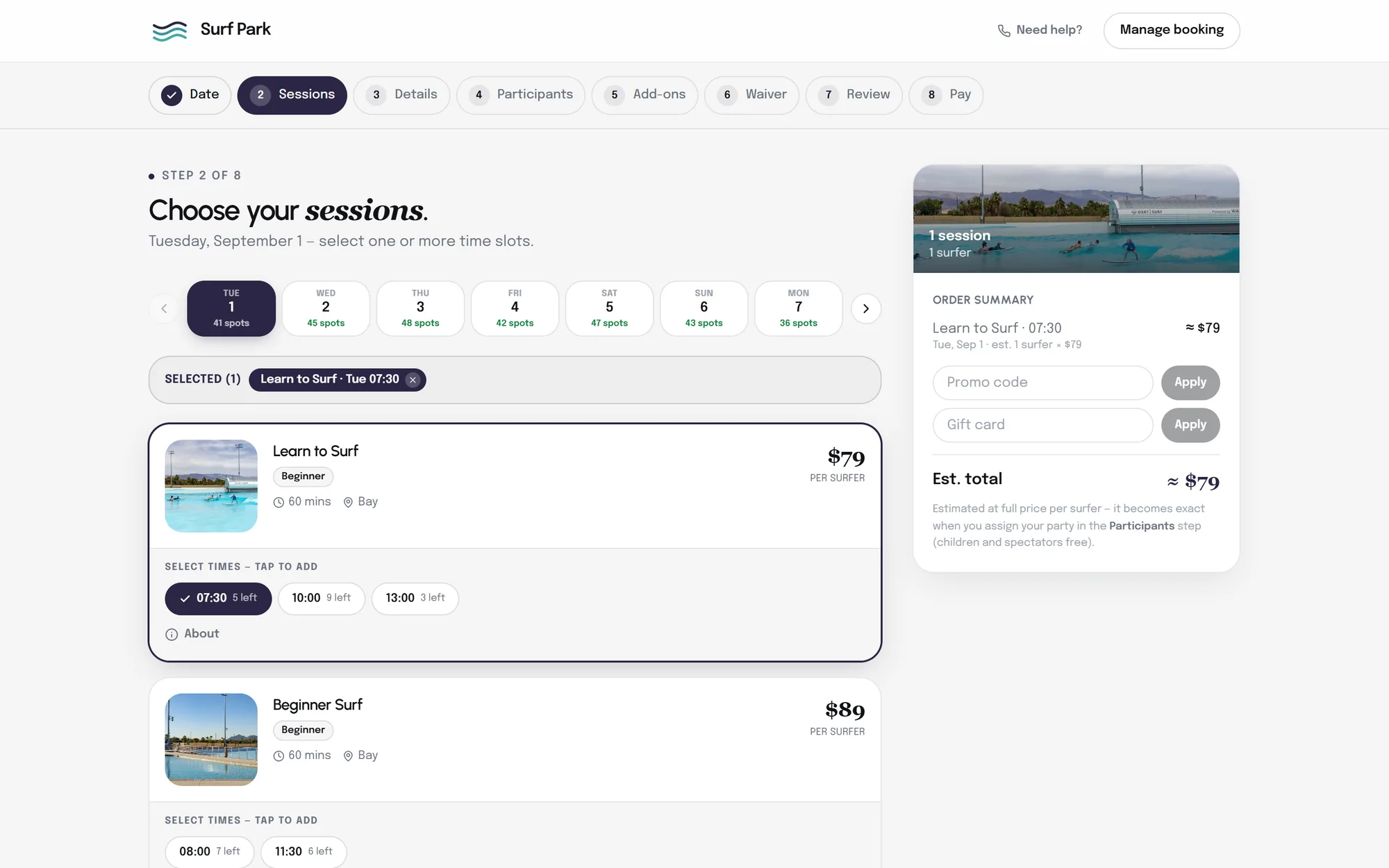 The public booking site — Catalyst Surf
