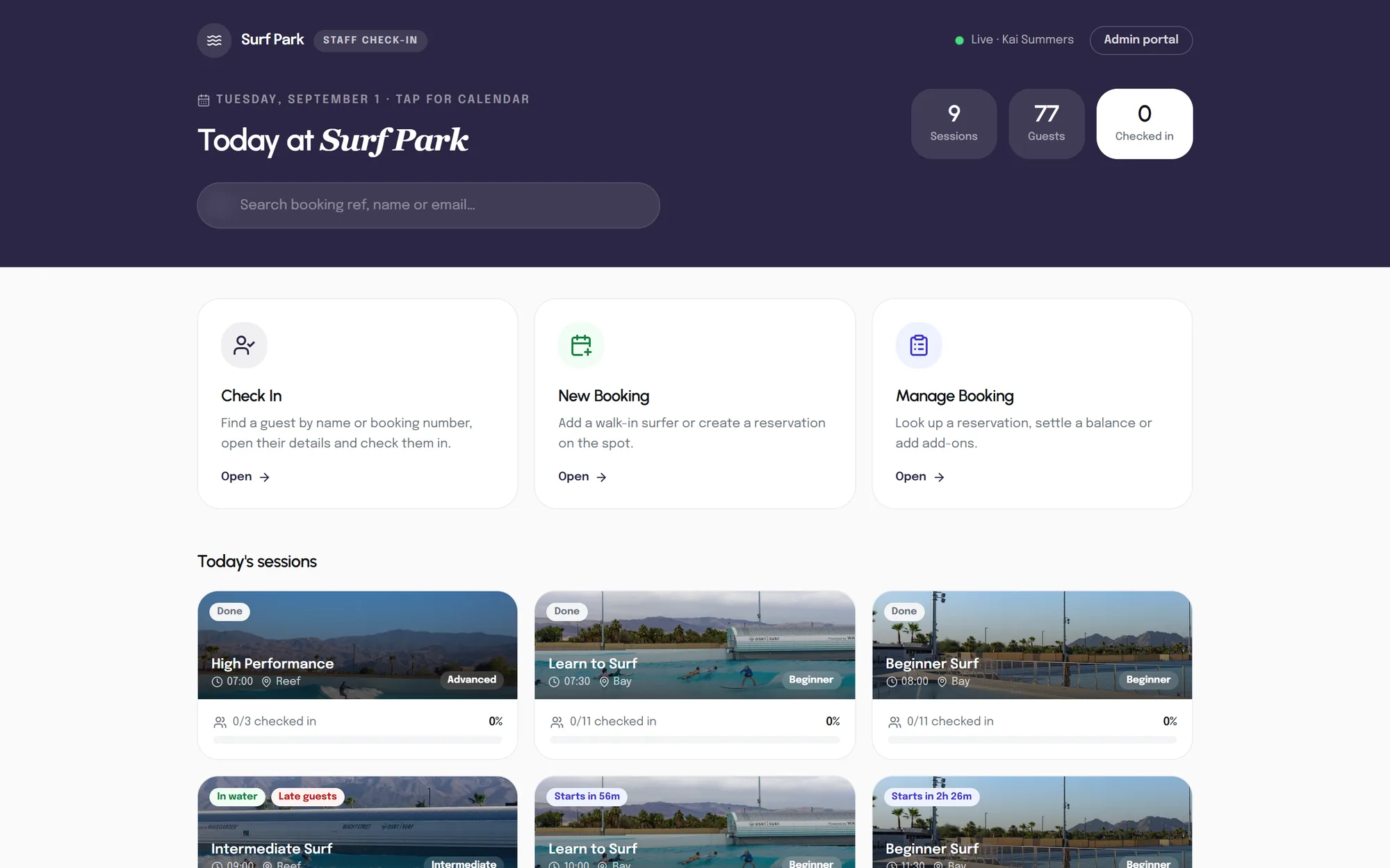 Check-in desk in Catalyst Surf — today's wave pool sessions and who has arrived