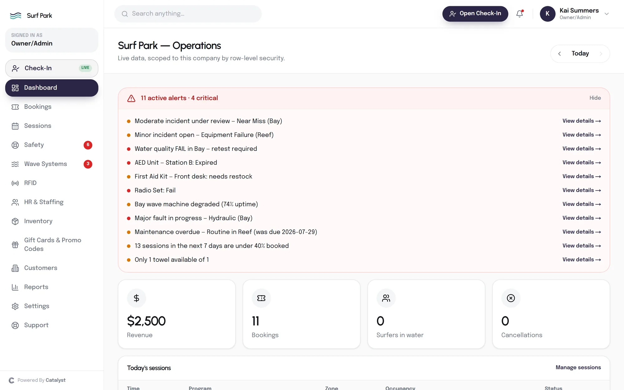 Live operations in Catalyst Surf — wave pool alerts, occupancy and staff on duty