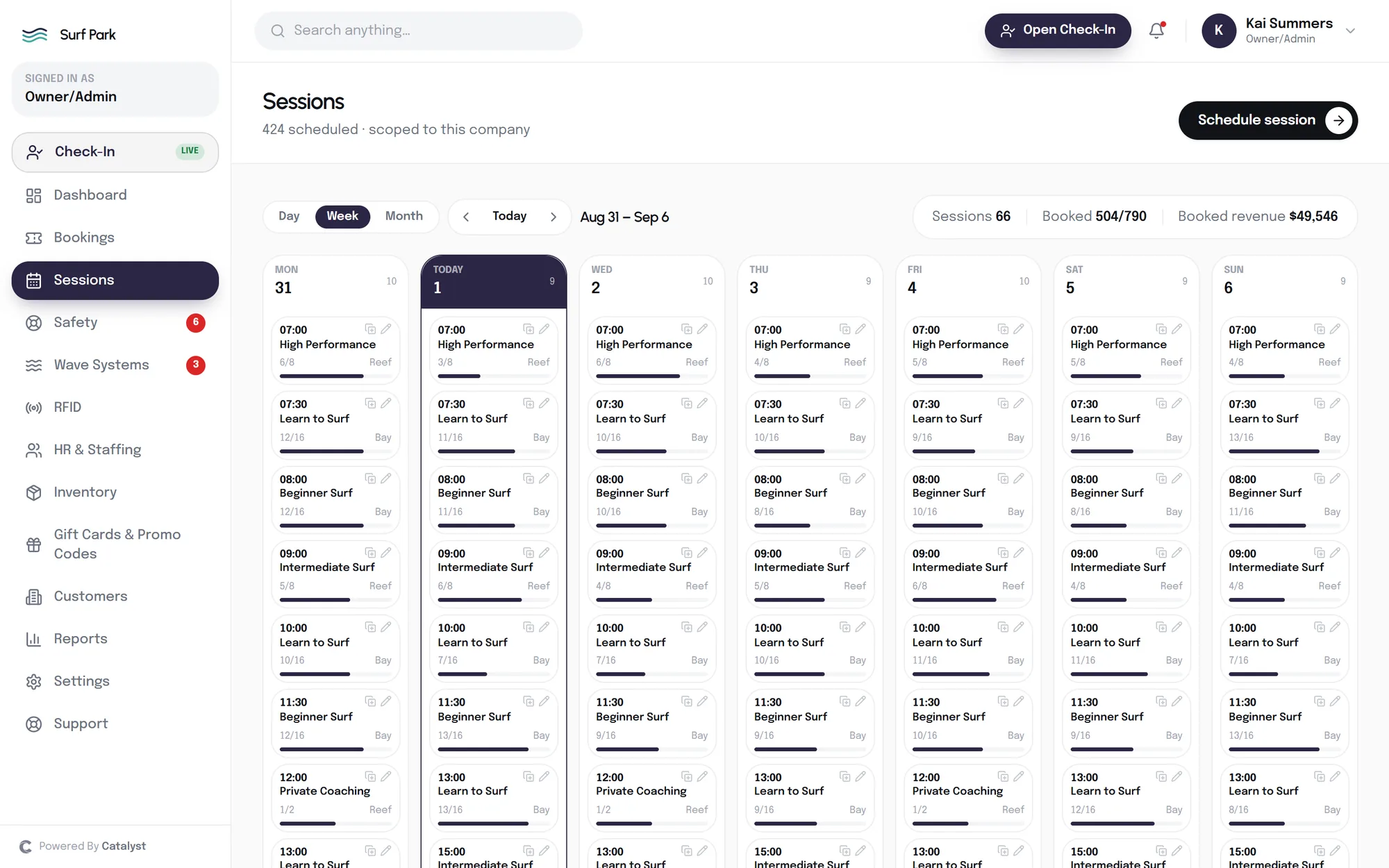 Session calendar in Catalyst Surf — a wave pool's programme laid out by day and time